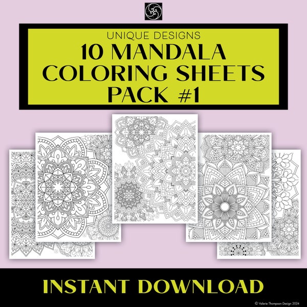 10 Mandala Patterns Adult Coloring Pages –  Full Page Designs, Printable Bundle, Fun Activity, Instant Download, Created by a human NO AI