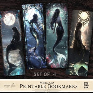 May include: Set of four mermaid-themed printable bookmarks. Each bookmark features a different mermaid illustration in a fantasy setting, with varying color palettes and backgrounds. The bookmarks have a dark, artistic style with the text "Mermaid Printable Bookmarks".