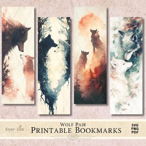 May include: Set of four printable bookmarks featuring watercolor illustrations of wolves in various poses. The bookmarks showcase a wolf pair, with a color palette of browns, blues, and oranges. Text at the bottom reads "WOLF PAIR PRINTABLE BOOKMARKS".