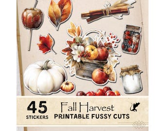 May include: A collection of 45 Fall Harvest printable fussy cut stickers featuring illustrations of a white pumpkin, a small orange pumpkin, a caramel apple, autumn leaves, cinnamon sticks, a basket of fruit, berries, and glass jars.