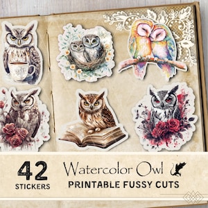 Eule Fussy Schnitte Cottagecore Junk Journal Ephemera druckbare Vogel Aufkleber Vintage Junk Journal Vogel Digitale Eule Scrapbooking Ephemera Drucke