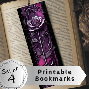 Könnte beinhalten: Set mit vier druckbaren Lesezeichen mit einer violetten Rose mit filigranen silbernen Details auf einem dunklen Hintergrund. Der Text "Druckbare Lesezeichen" ist auf dem Bild sichtbar.