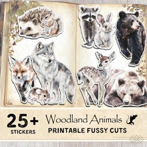 Cricut Aufkleber Natur digitale Downloads Wald Junk Journal Waldtier Ephemera Hirsch wählerisch Schnitt Igel Clipart Wolf Scrapbooking-Idee