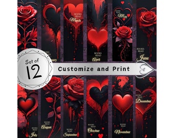 Editable Custom Gothic Bookmark Red Rose Printable Monthly Reading Idea Book Lovers DIY Bookmark for Dark Romance Novel Lovers Literary Gift