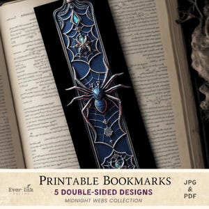 Printable Gothic Spider Bookmarks: 5 Double-Sided Halloween Designs, PDF & JPG, Commercial Use