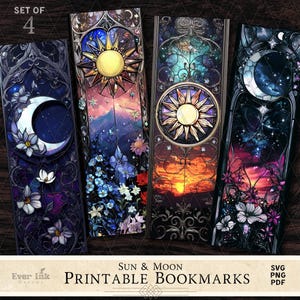 May include: Set of four printable bookmarks featuring stained glass designs with sun and moon motifs. The bookmarks are in shades of blue, purple, and yellow with intricate floral details.