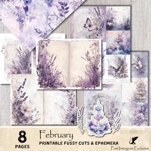 Ideia de diário de lixo de primavera Folha de adesivos de lavanda Kit de itens efêmeros para impressão de flores roxas Faça você mesmo PDF Páginas de design floral para plano de fundo de diário de lixo