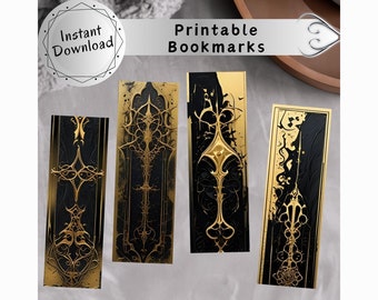 Marcador imprimible Dark Fantasy Novel Lover Bookmark Set Oro y Negro Digital Bookmark Regalo para el lector Regalo Golden Bookish Regalo para él