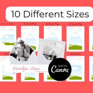 Modelo editável de forro de envelope para fotos, faça você mesmo seus artigos de papelaria de casamento (download digital em Canva)