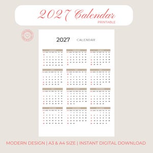 May include: A printable 2027 calendar with a modern design. The calendar features a clean layout with each month displayed in a grid format. The text "2027 Calendar" is at the top in a script font. The design is available in A3 and A4 sizes.