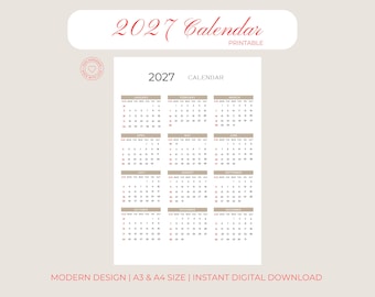 2027 Calendar Printable, Minimalist A3 A4 Planner (PDF & JPEG)