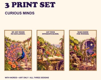 Curious Minds Wall Art Set of 3, Peacock Book Garden and Stargazing Prints, Digital Download
