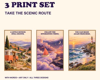 Travel Wall Art Set of 3, Camper Van Paper Boat and Lighthouse Prints, Digital Download