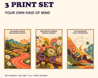 Groovy Neurodivergent Wall Art Set of 3, Scenic Route Different Wiring and Special Interests, Digital Download
