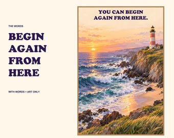 Lighthouse Print, You Can Begin Again from Here, Colorful Coastal Wall Art, Digital Download