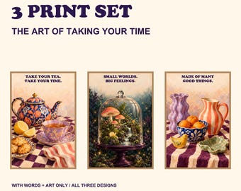 Cozy Still Life Wall Art Set of 3, Tea Mushroom Terrarium and Ceramic Prints, Digital Download
