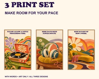 Retro Neurodivergent Wall Art Set of 3, Processing Time Fewer Inputs and Rest Prints, Digital Download