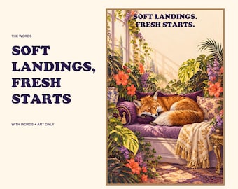 Sleeping Fox Print, Soft Landings Fresh Starts, Cozy Botanical Wall Art, Printable Gift