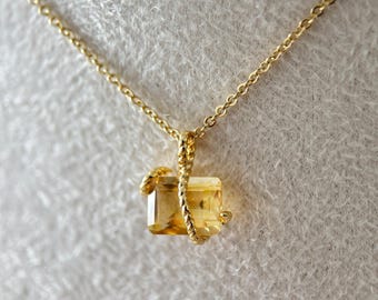 Natural Citrine Floating Pendant, 6X8mm Emerald Cut, Dainty Gold November Birthstone Necklace