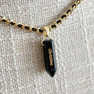 Dainty Obsidian Crystal Point Necklace, Personalized Name Engraved Necklace, Natural Stone Choker, Black And Gold, Anniversary Date Gift