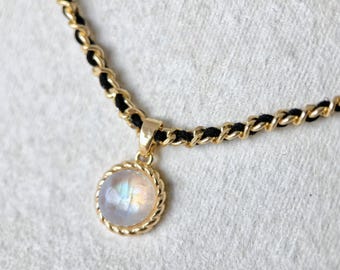 Elegant Moonstone Charm Necklace, Handmade Woven Chain, Natural Rainbow Cabochon Choker, Black And Gold, Jewelry For Women, Gift For Her