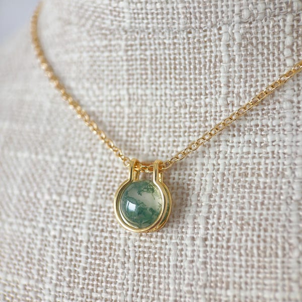 Minimalist Moss Agate Necklace, Natural Round Cabochon Green Gemstone Charm Necklace