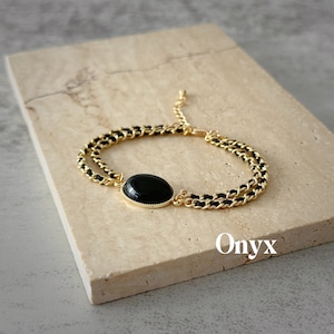 Large Onyx Cabochon Bracelet, Natural Black Agate Gemstone Jewelry, Gold Double Chain, Gift For Her, Gift For Girlfriend