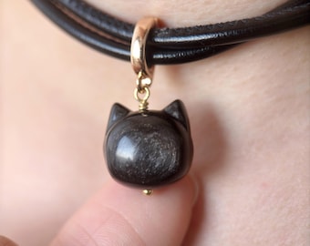 Silver Sheen Obsidian Cat Pendant Choker Necklace For Cat Lover With Vegan Leather