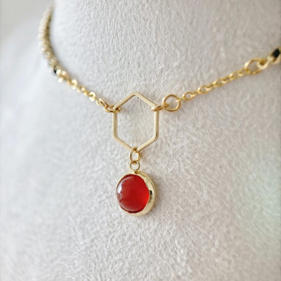 Dainty Carnelian Necklace, Natural Red Orange Choker, Cabochons Gemstone Layered necklace, Handmade Woven Gold And Black Jewelry, Girlfriend