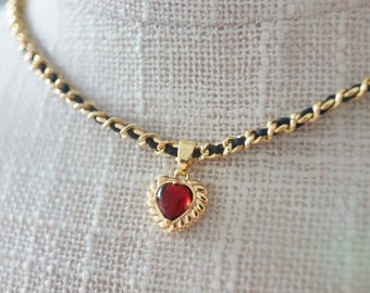 Garnet Tiny Heart Necklace, Dainty Black And Gold Choker, Natural Dark Red Gemstone Pendant, Genuine Crystal Charm Jewelry For Women