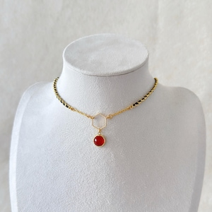 Dainty Carnelian Necklace, Natural Red Orange Choker, Cabochons Gemstone Layered necklace, Handmade Woven Gold And Black Jewelry, Girlfriend bild 2