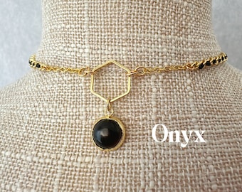 Dainty Onyx Necklace, Natural Black Agate Choker, Gemstone Layered necklace, Gold And Black Jewelry, Jewelry For Girlfriend