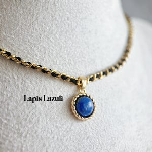 Collier élégant à breloques en lapis-lazuli, chaîne tissée à la main, tour de cou cabochon bleu naturel, noir et or, bijoux pour femme, cadeau pour elle