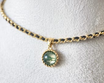 Moos Achat Anhänger Halskette, Handgemachte Schwarz und Gold Gewebte Kette, Boho Elegant Schmuck