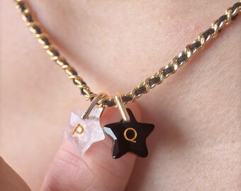 Personalized Initial Star Pendant, Multi Crystal Pendant With Black And Gold Chain