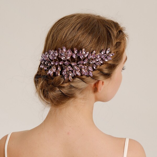 Bridal hair Bridal Purple Crystal Wedding Hair Pieces Comb Accessories Pearl Rhinestone Sliver Crystal Flower Leaf Vine Hair Side,Gift
