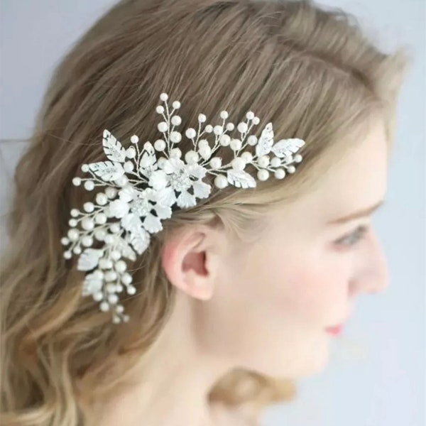 Bride Wedding Hair Vine Silver Rhinestone Hair Pieces Pearl Bridal Headpiece for Women and Girls