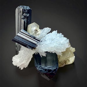 May include: A cluster of natural crystals in shades of black, white, and pale yellow. The composition includes a tall, striated black crystal, a flat, striped black crystal, and a cluster of white, needle-like crystals.