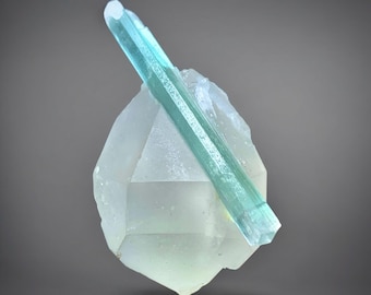 Rare Blue Tourmaline on Clear Quartz Crystal Cluster Afghanistan Natural Mineral Specimen Healing Stone