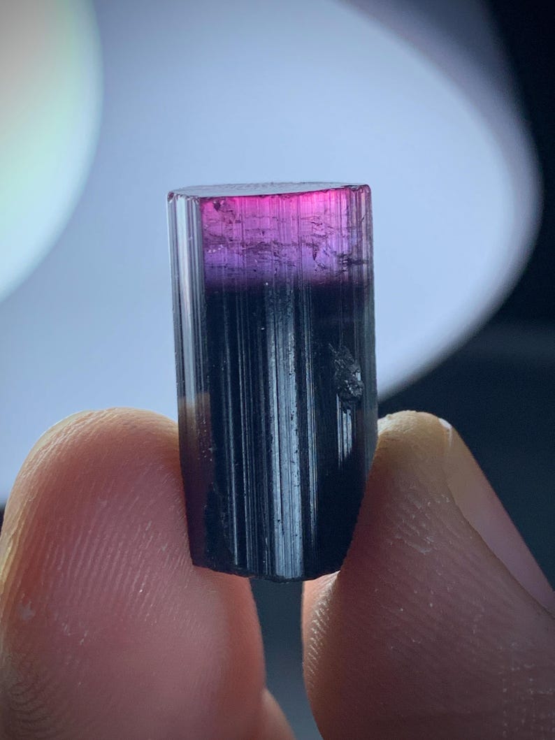 May include: A tourmaline crystal, cylindrical in shape, displaying a colour gradient. The top is a bright pink, fading into purple, then black at the base. The crystal is held between two fingers.