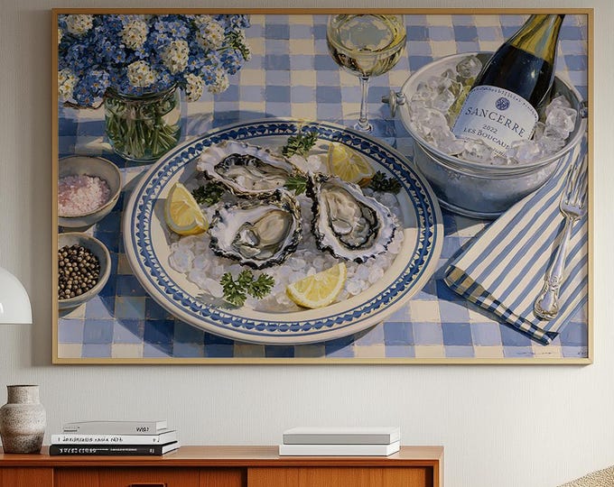 French Oyster Wall Art Print, Coastal Kitchen Decor, Blue Check Table Painting, Seafood Canvas Art, Coastal Dining Room Wall Decor
