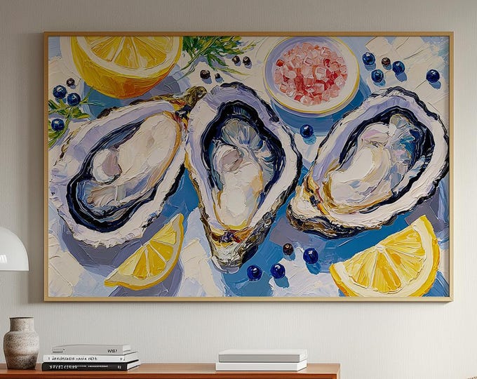 Oyster Wall Art Print, Coastal Kitchen Decor, French Seafood Painting, Lemon & Sea Salt Canvas, Mediterranean Dining Room Wall Art