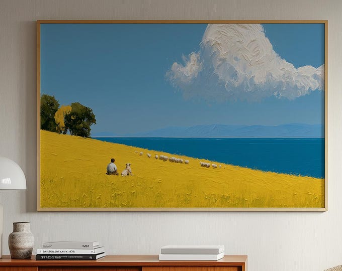Pastoral Landscape Wall Art Print, Shepherd and Sheep Painting, Dog Countryside Art, Blue Lake Canvas, Farmhouse Country Wall Decor