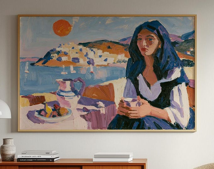 Mediterranean Woman Wall Art Print, Colorful Coastal Portrait, Seaside Landscape Painting, Vintage European Decor, Eclectic Wall Art
