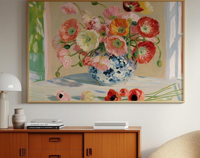 Colorful Poppy Flower Wall Art Print, Floral Vase Painting, Vintage Botanical Art, Cottagecore Wall Decor, Spring Flower Print