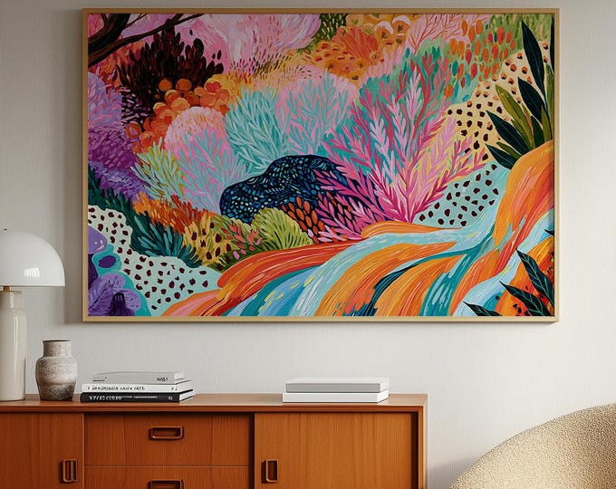 Colorful Abstract Landscape Wall Art Print, Maximalist Eclectic Home Decor, Funky Floral Painting, Vibrant Dopamine Artwork, Boho Arts