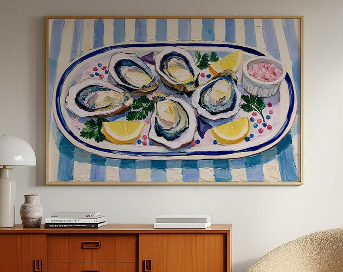 Oyster Wall Art Print, Coastal Kitchen Decor, Oyster Painting, Seafood Wall Art, French Bistro Canvas, Beach House Dining Room Decor