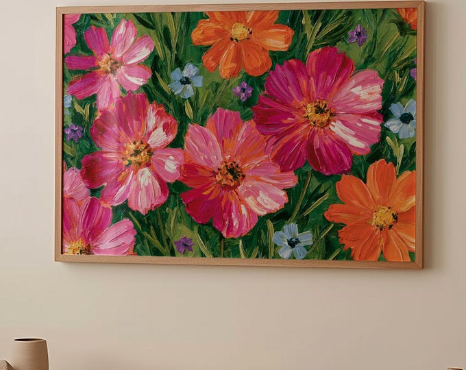 Colorful Floral Wall Art Print, Pink Orange Flower Painting, Wildflower Canvas Art, Botanical Wall Decor, Maximalist Home Decor