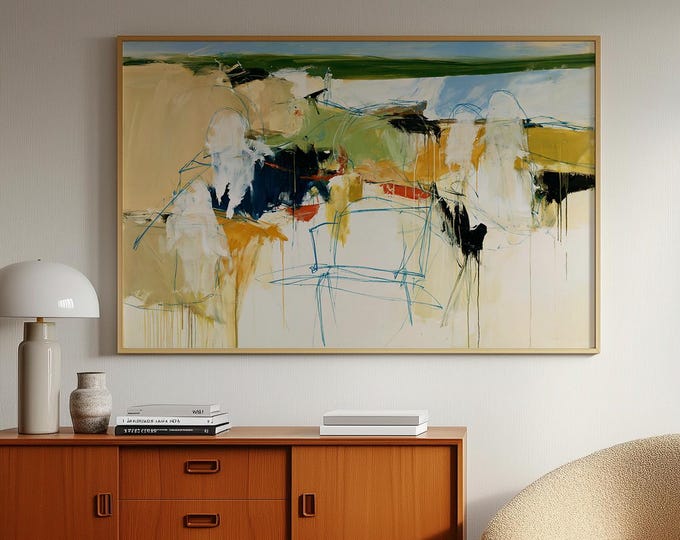 Blue Beige Abstract Wall Art Print, Modern Colorful Painting, Contemporary Canvas Print, Large Neutral Art, Mid Century Modern Decor