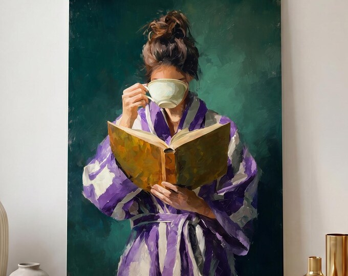 Green Oil Painting Print, Woman Reading Art, Vintage Style Wall Art, Cozy Aesthetic Canvas, Bedroom Decor, Soft Feminine Wall Decor